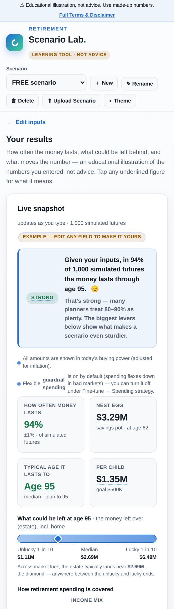 The mobile view of the Scenario Outputs page